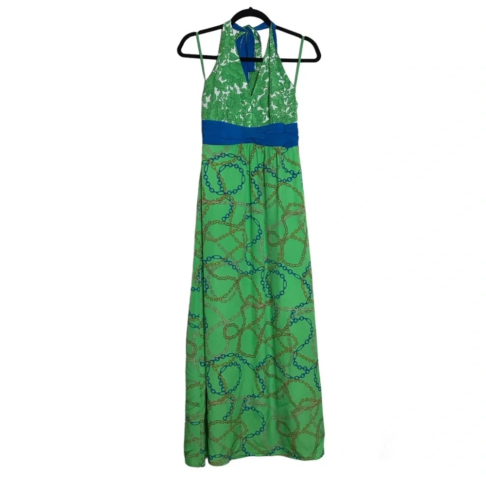 New York & Company Green Floral Chain Print Halter Sleeveless Maxi Dress Size XS - Picture 2 of 14